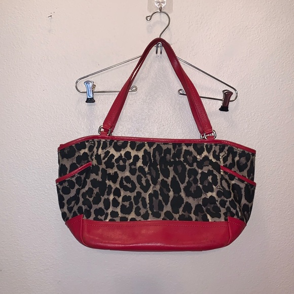 Coach Park Ocelot Leopard Print Canvas Red Leather Trim Shoulder Tote Bag - Picture 1 of 12